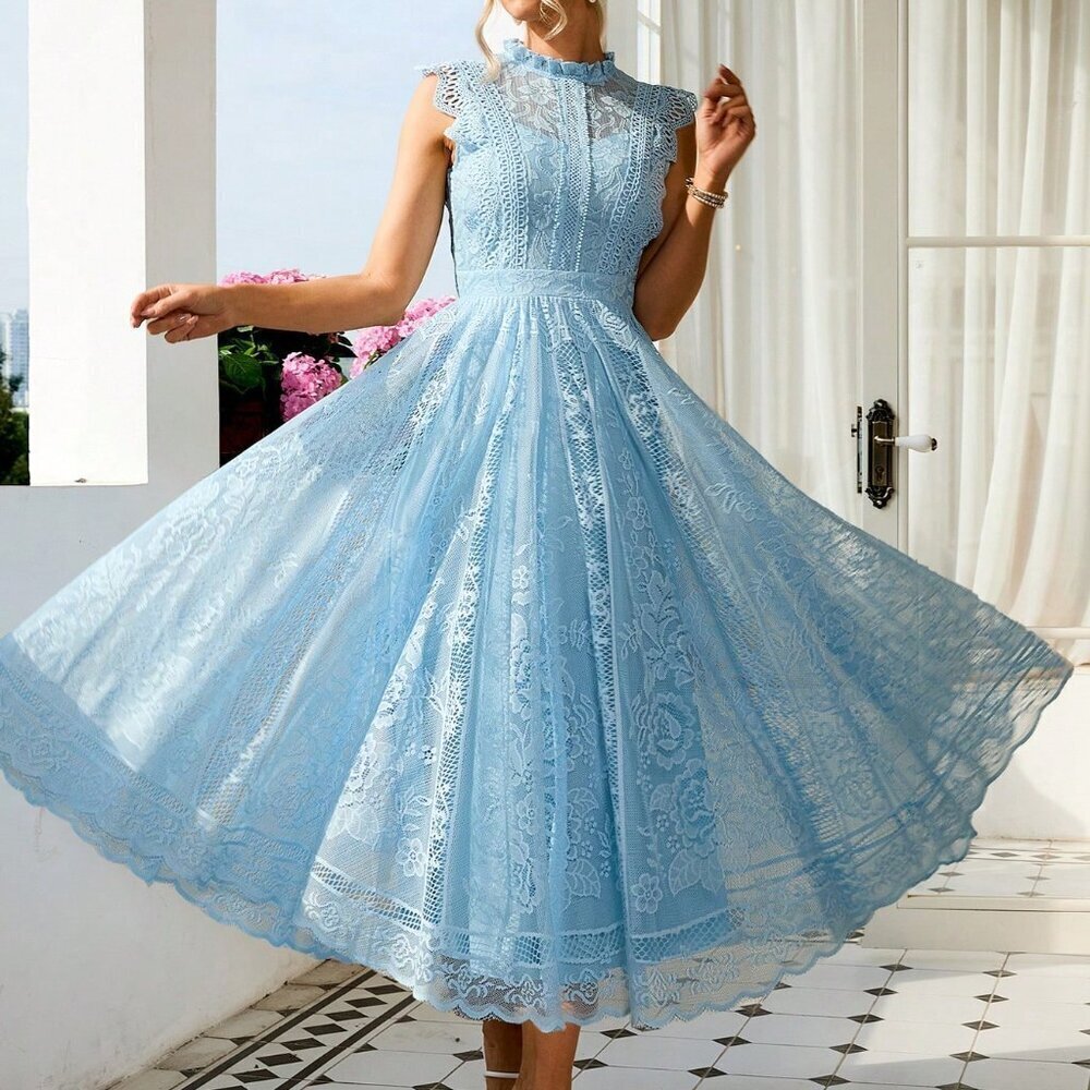 Baby Blue Elegant Women's Lace Flared Dress